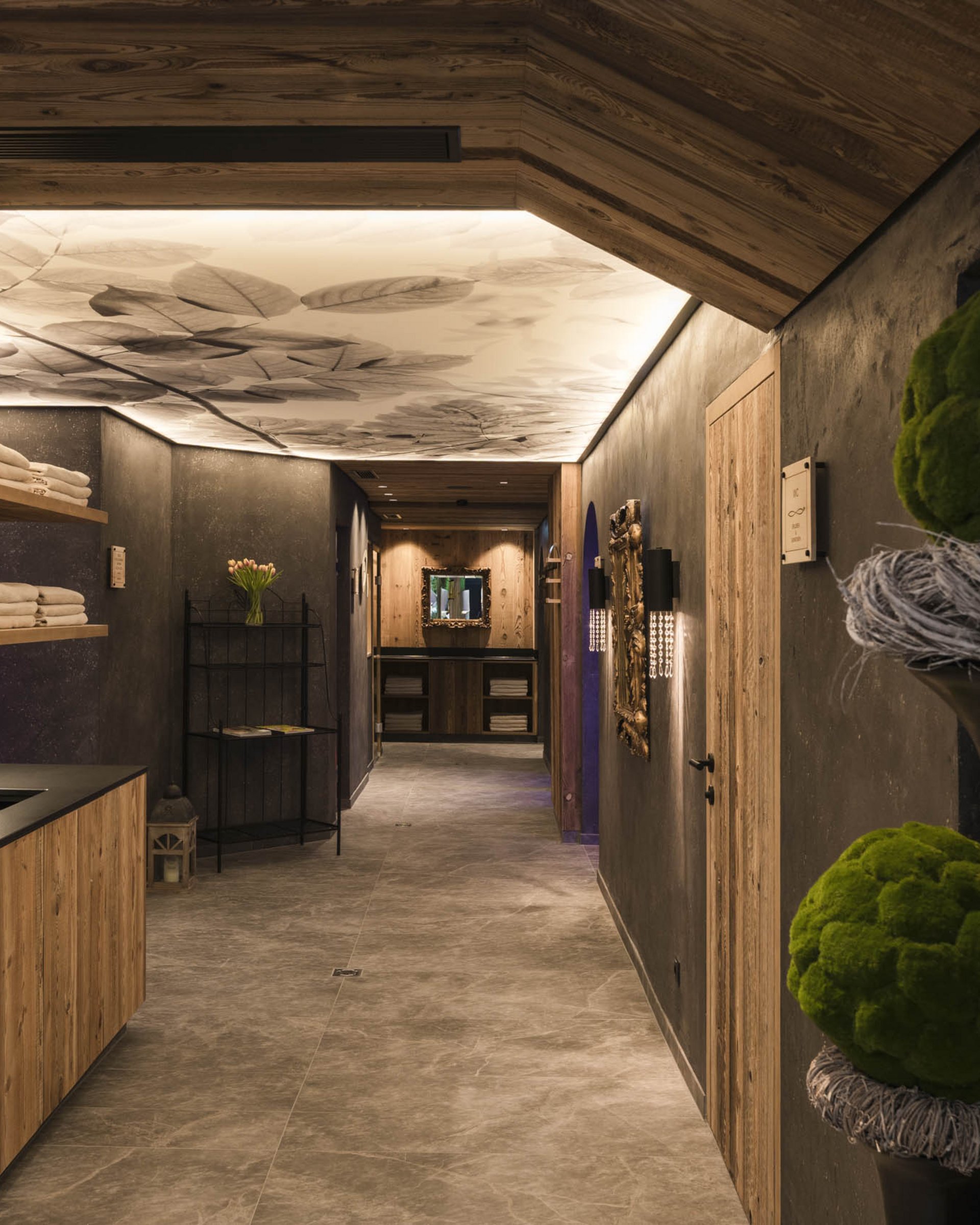 Lit hallway with natural decor and wooden furniture in a modern design