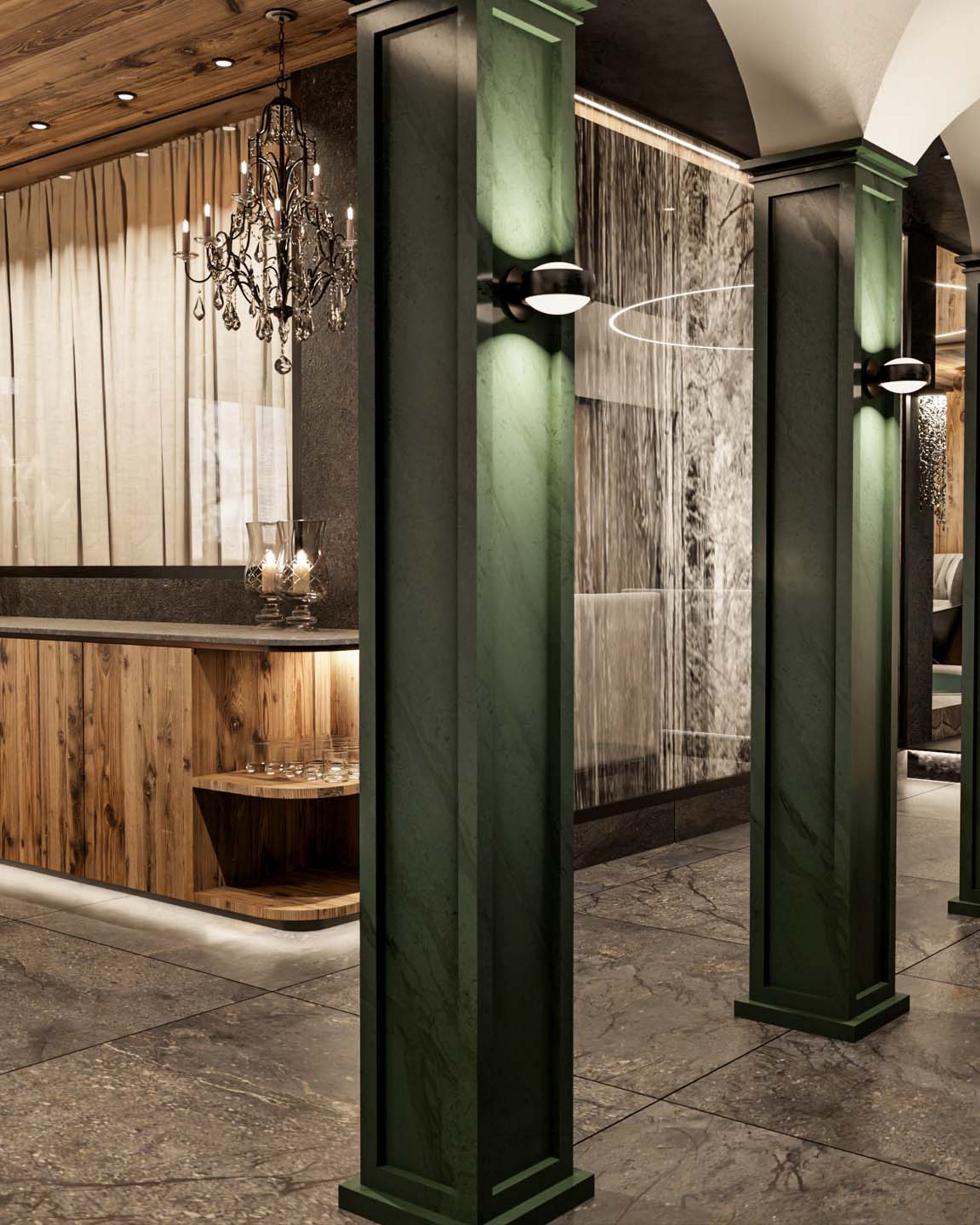 Modern hallway with green pillars, wooden wall, and large vase with branches