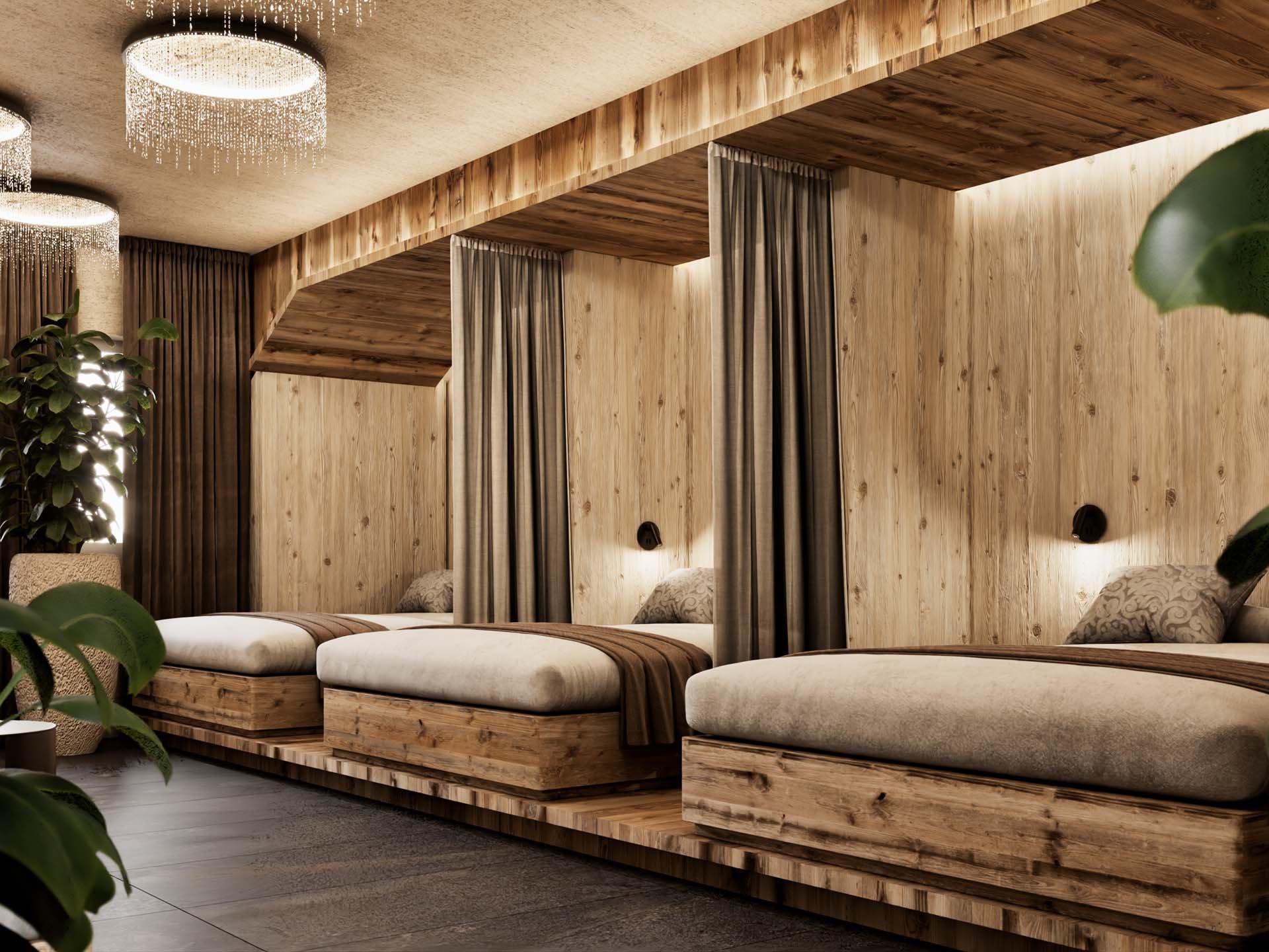 Three cozy beds in a room decorated with wood and plants