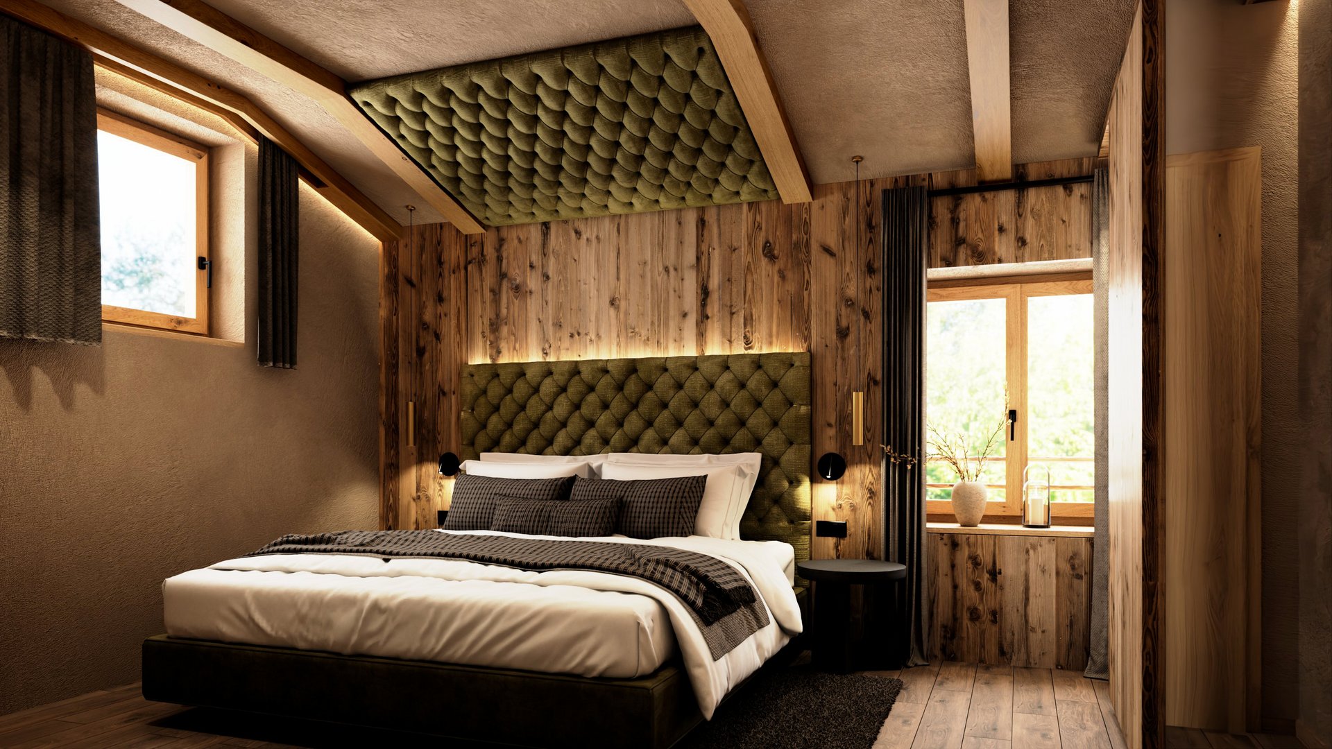 Die Cervosa Alm auf 2 000 Metern Gemütliches Schlafzimmer mit Holzwänden und grün gepolstertem Kopfteil