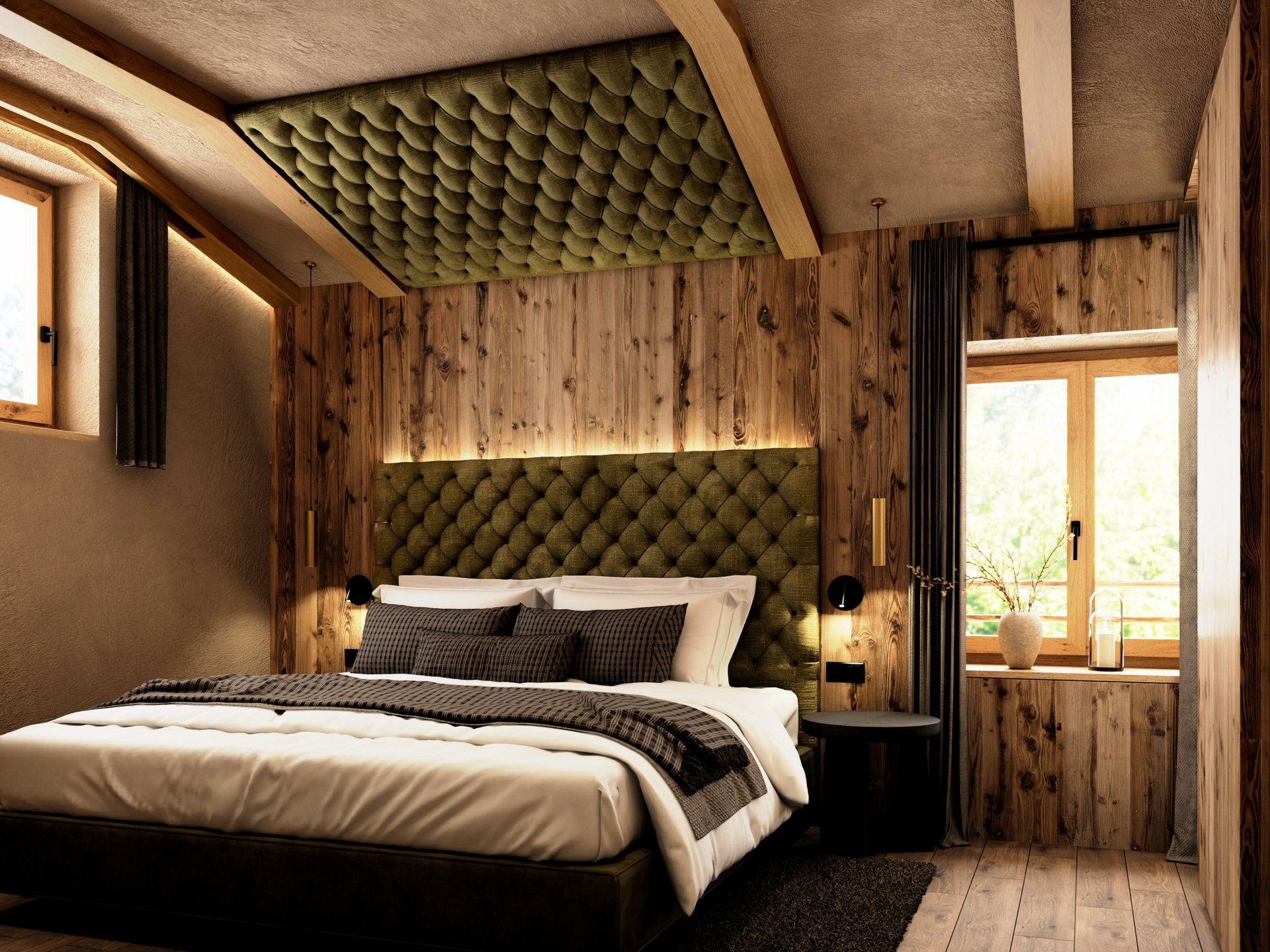 Die Cervosa Alm auf 2 000 Metern Gemütliches Schlafzimmer mit Holzwänden und grün gepolstertem Kopfteil