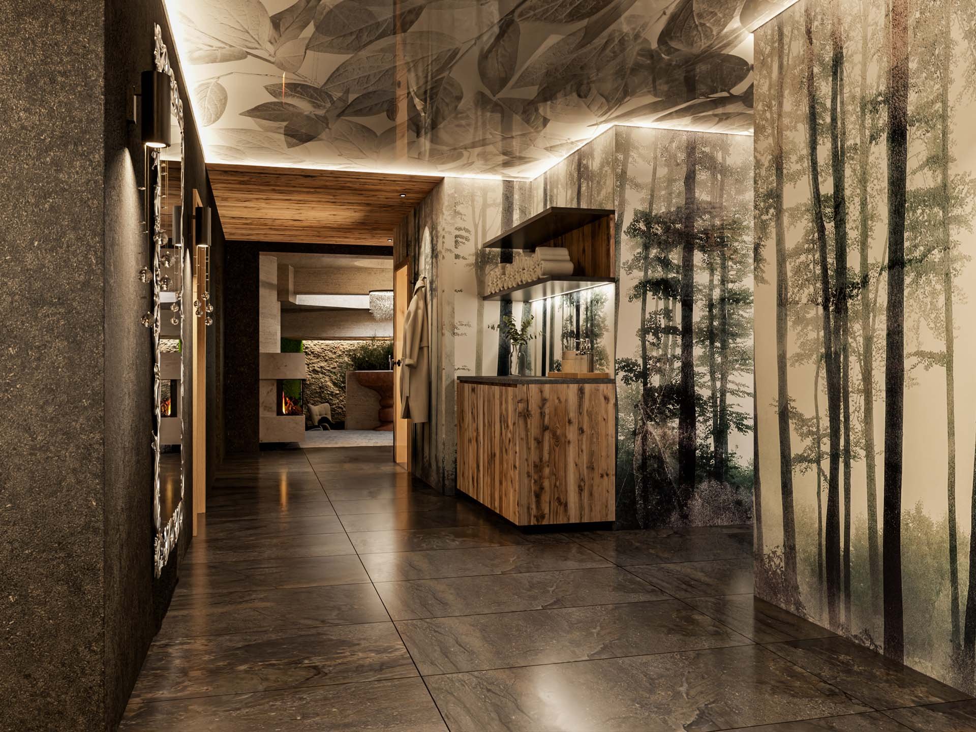 Hallway with forest wallpaper, mirror, wooden furniture, and indirect ceiling lighting