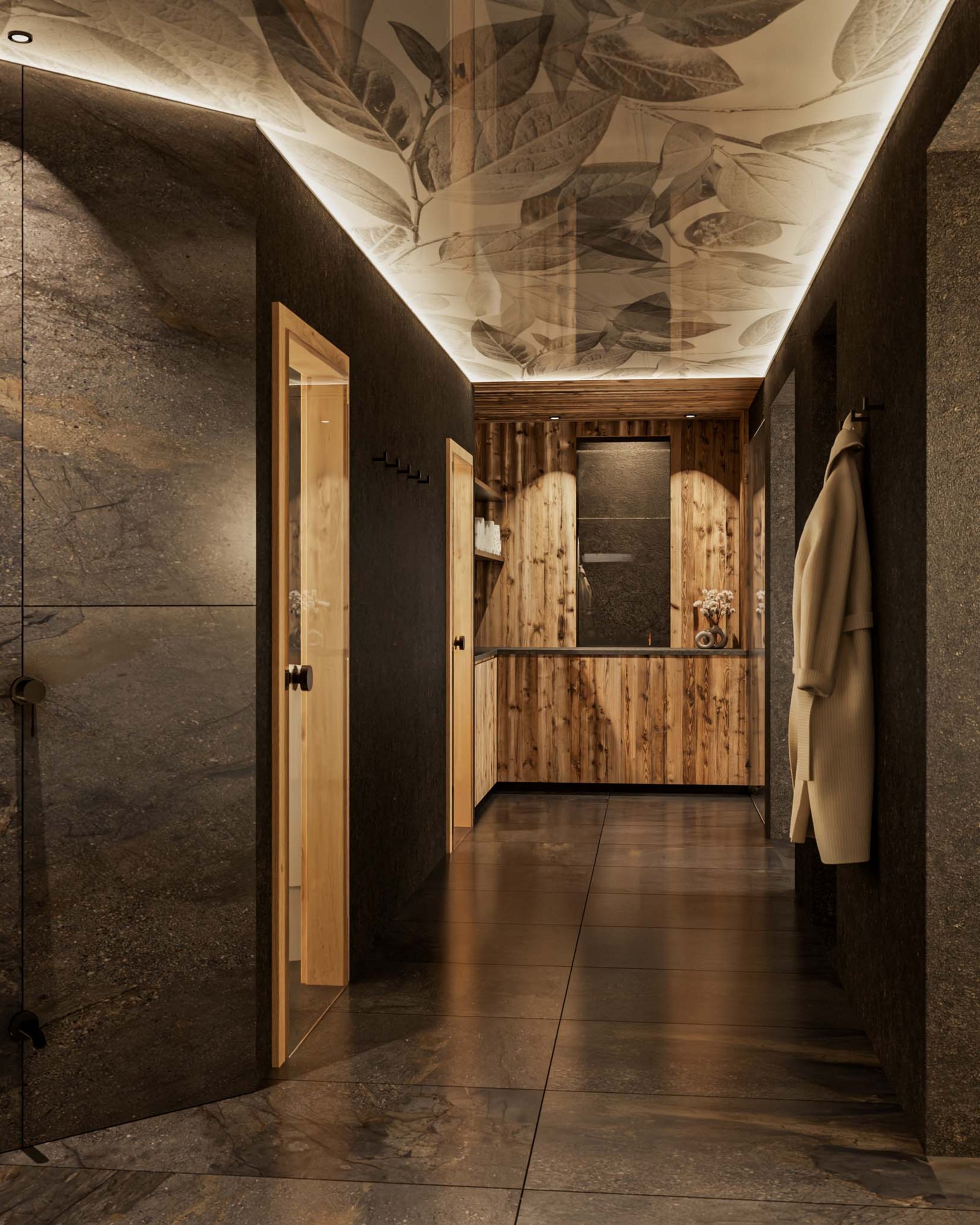 Hallway with dark stone tiles, wood decor, and leaf-patterned illuminated ceiling