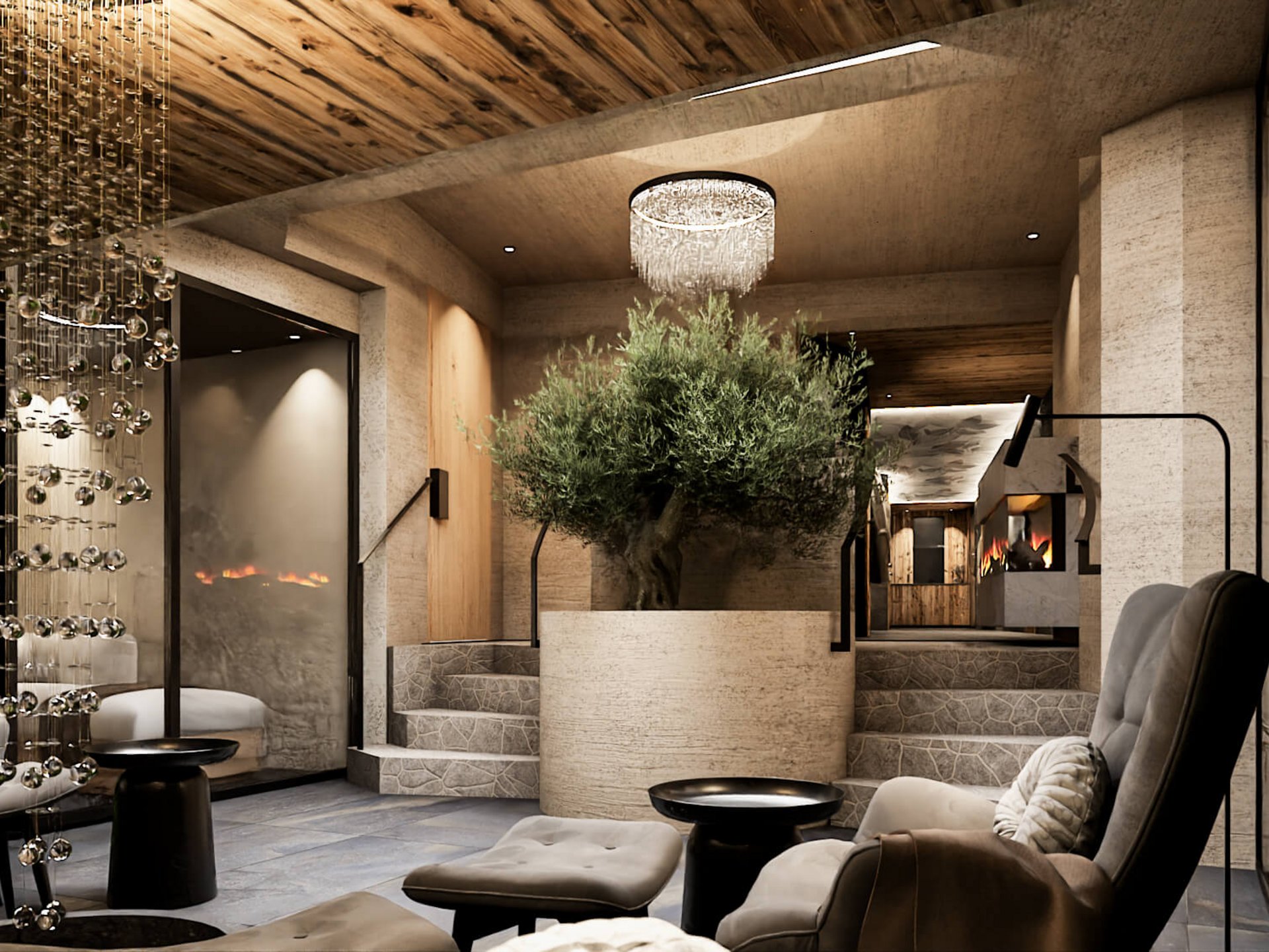 Modern spa interior with green plant walls and cozy armchairs