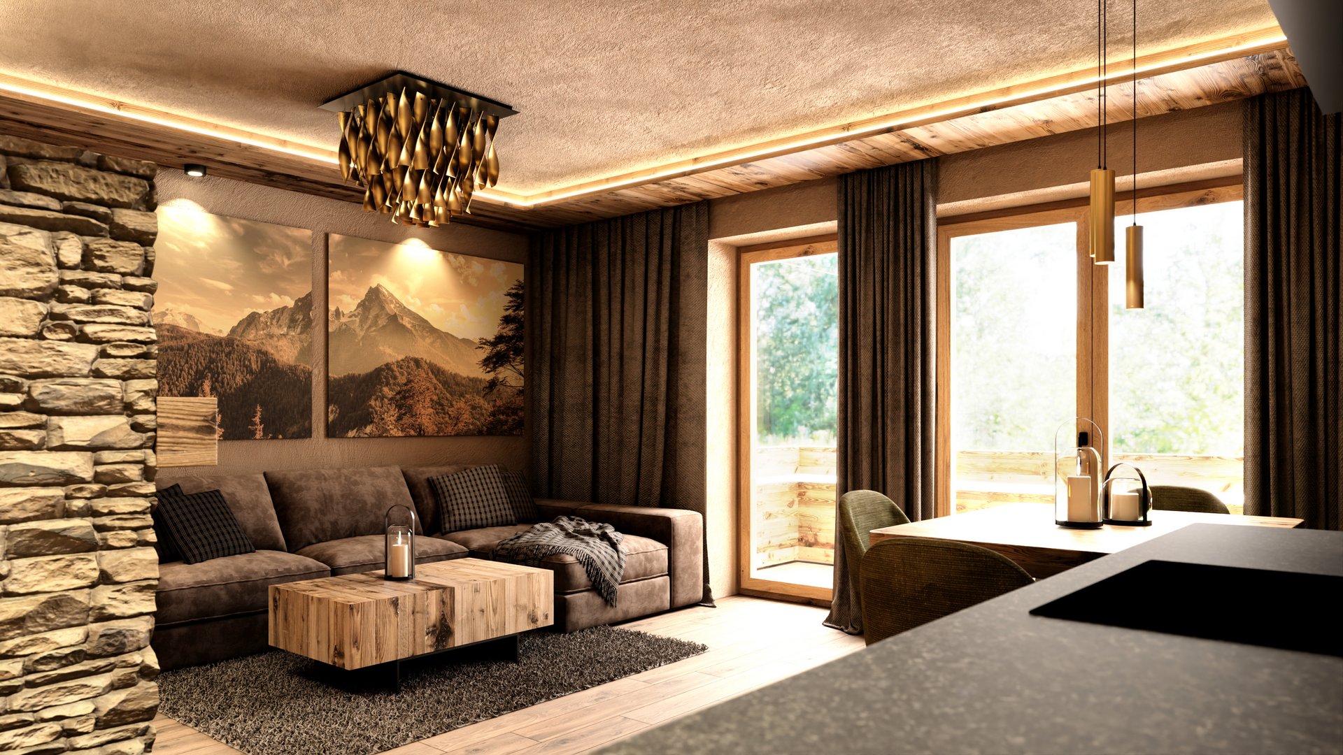 Die Cervosa Alm auf 2 000 Metern Gemütliches Wohnzimmer mit brauem Sofa, Holztisch und Bergbildern an der Wand