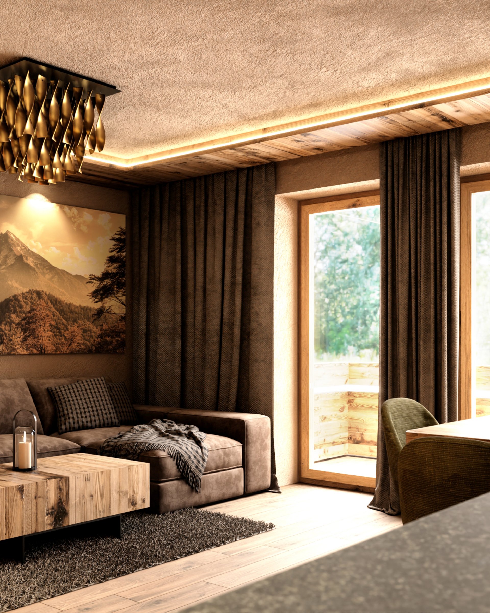 Die Cervosa Alm auf 2 000 Metern Gemütliches Wohnzimmer mit brauem Sofa, Holztisch und Bergbildern an der Wand