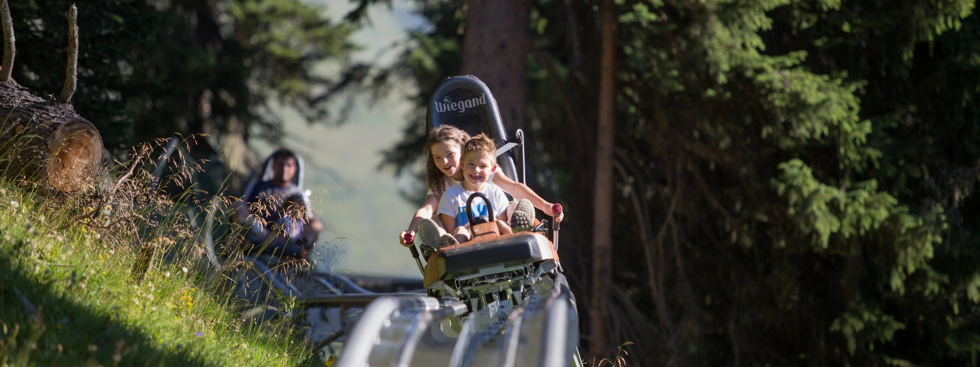 Kinder fahren auf Sommerrodelbahn durch bewaldete Berglandschaft