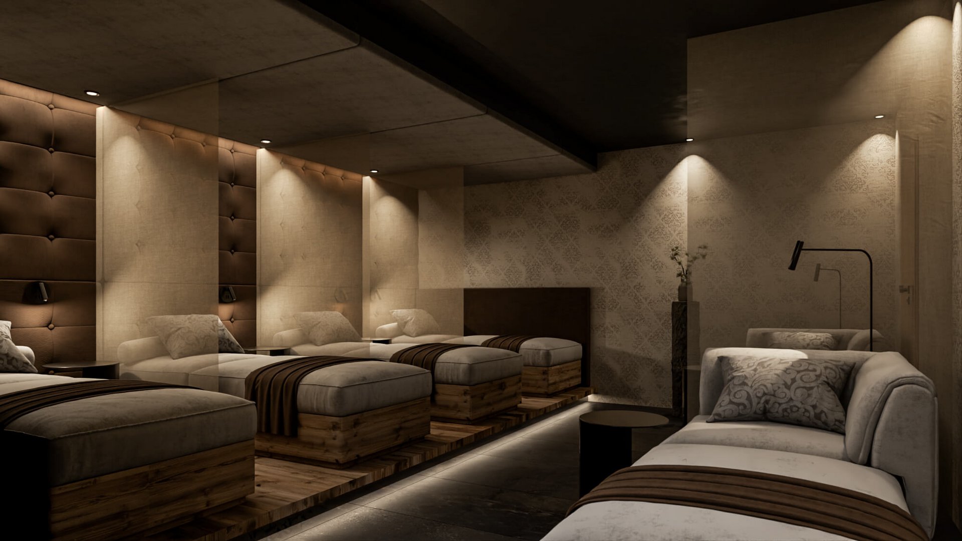 Gemütlicher Spa-Wartebereich mit Sesseln und sanfter Beleuchtung