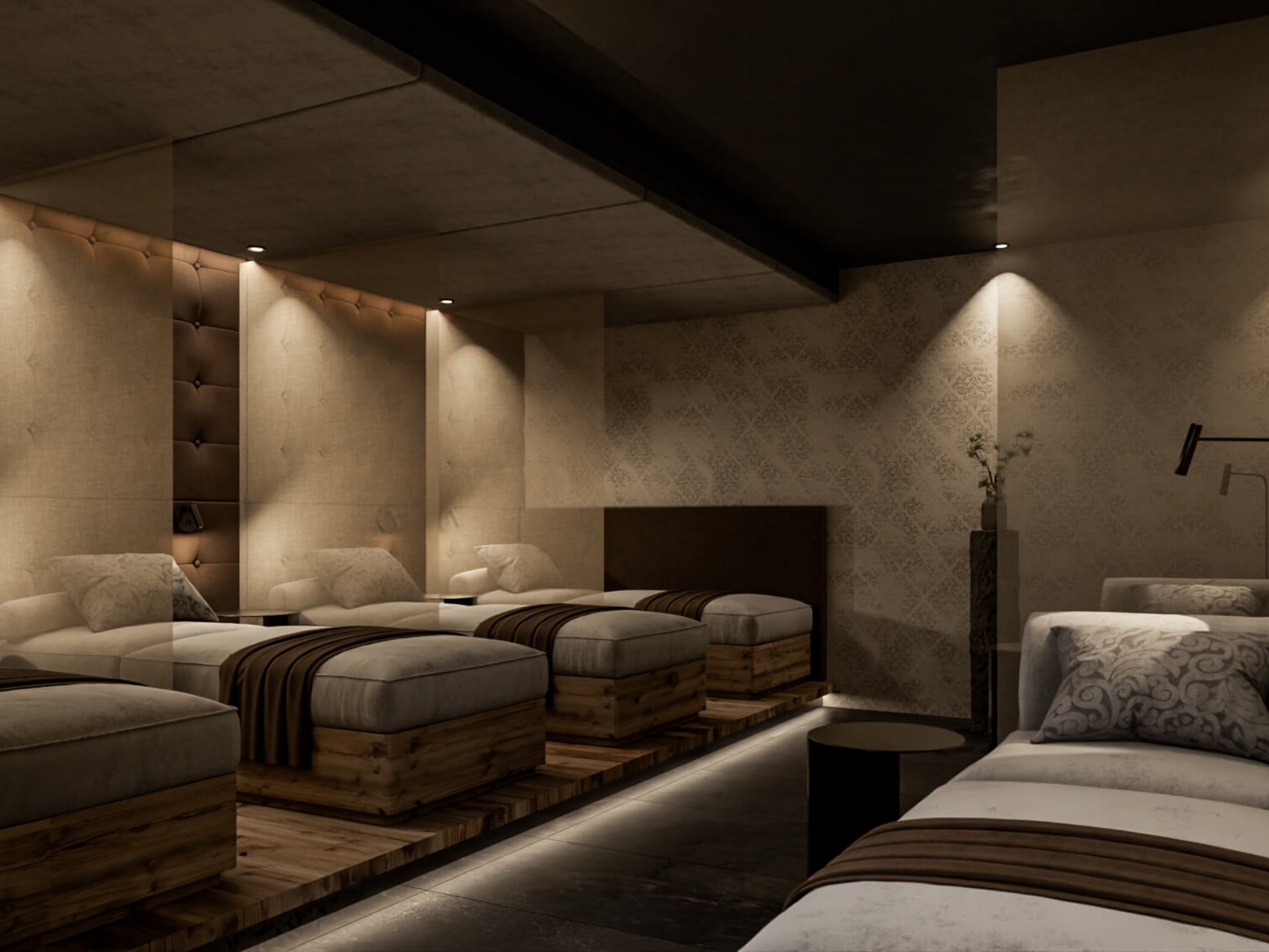 Cozy spa waiting area with lounge chairs and soft lighting