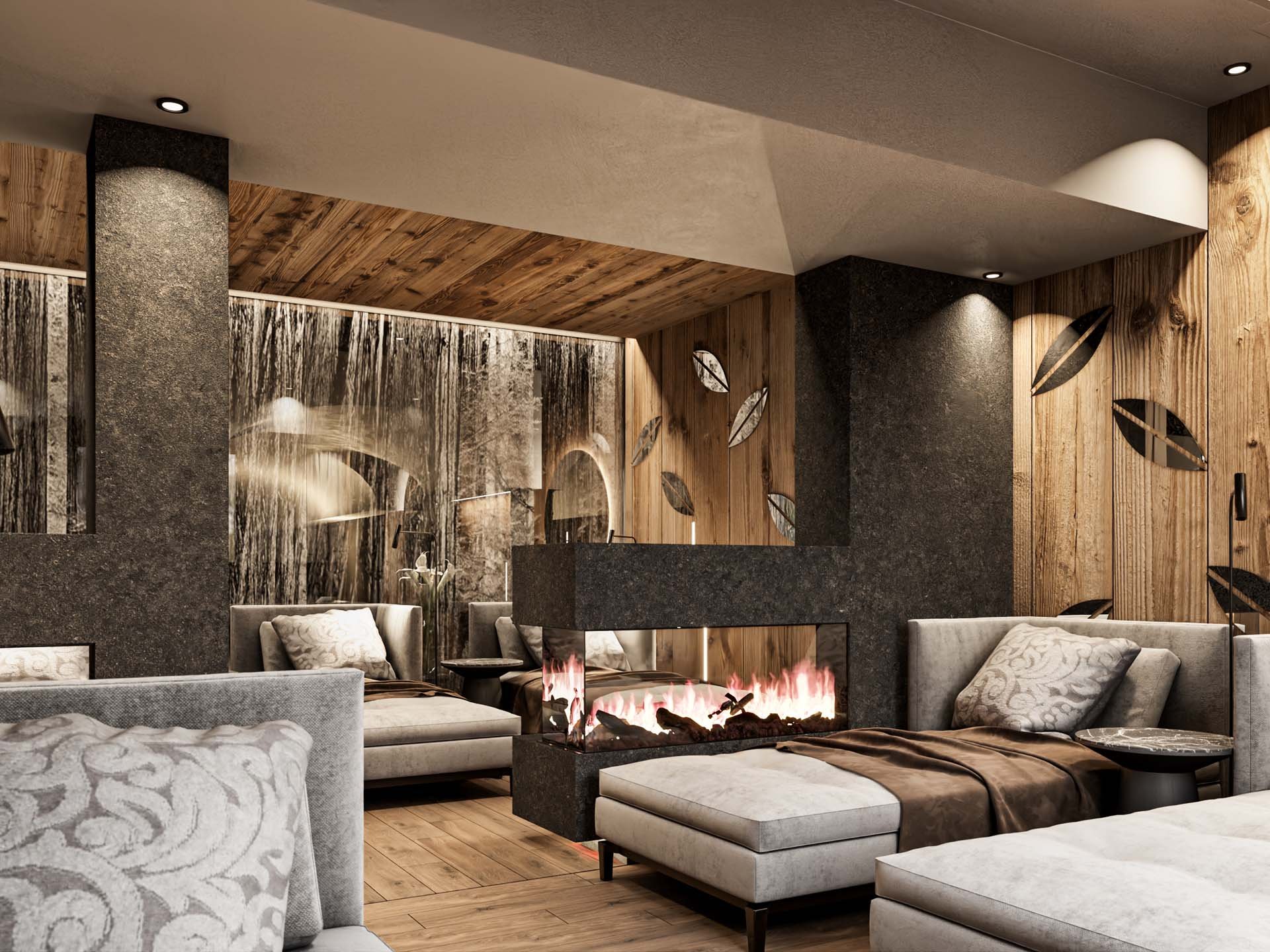 Modern living room with fireplace, wooden wall, and comfortable armchairs