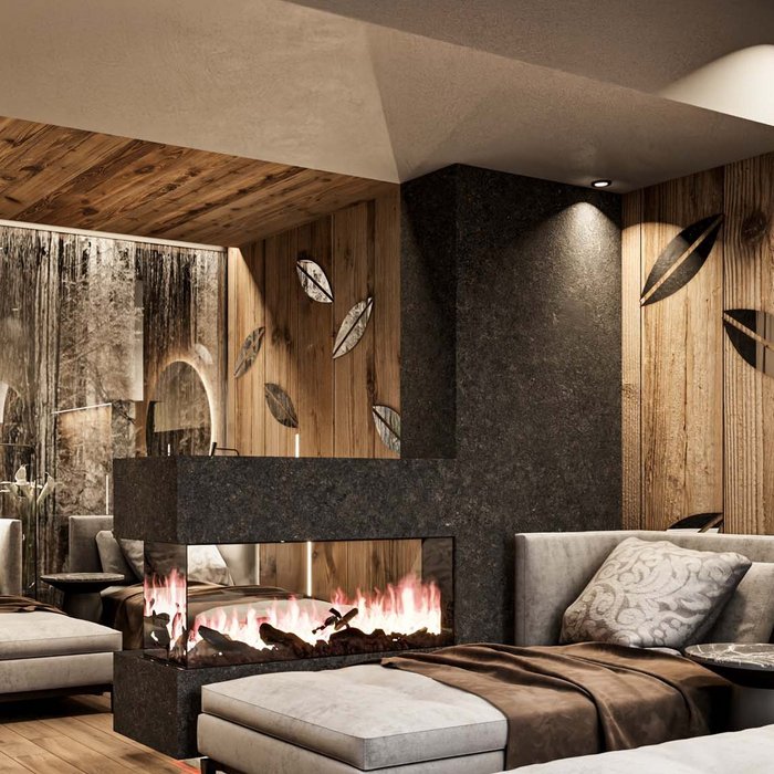 Modernes Wohnzimmer mit Kamin, Holzwand und gemütlichen Sesseln