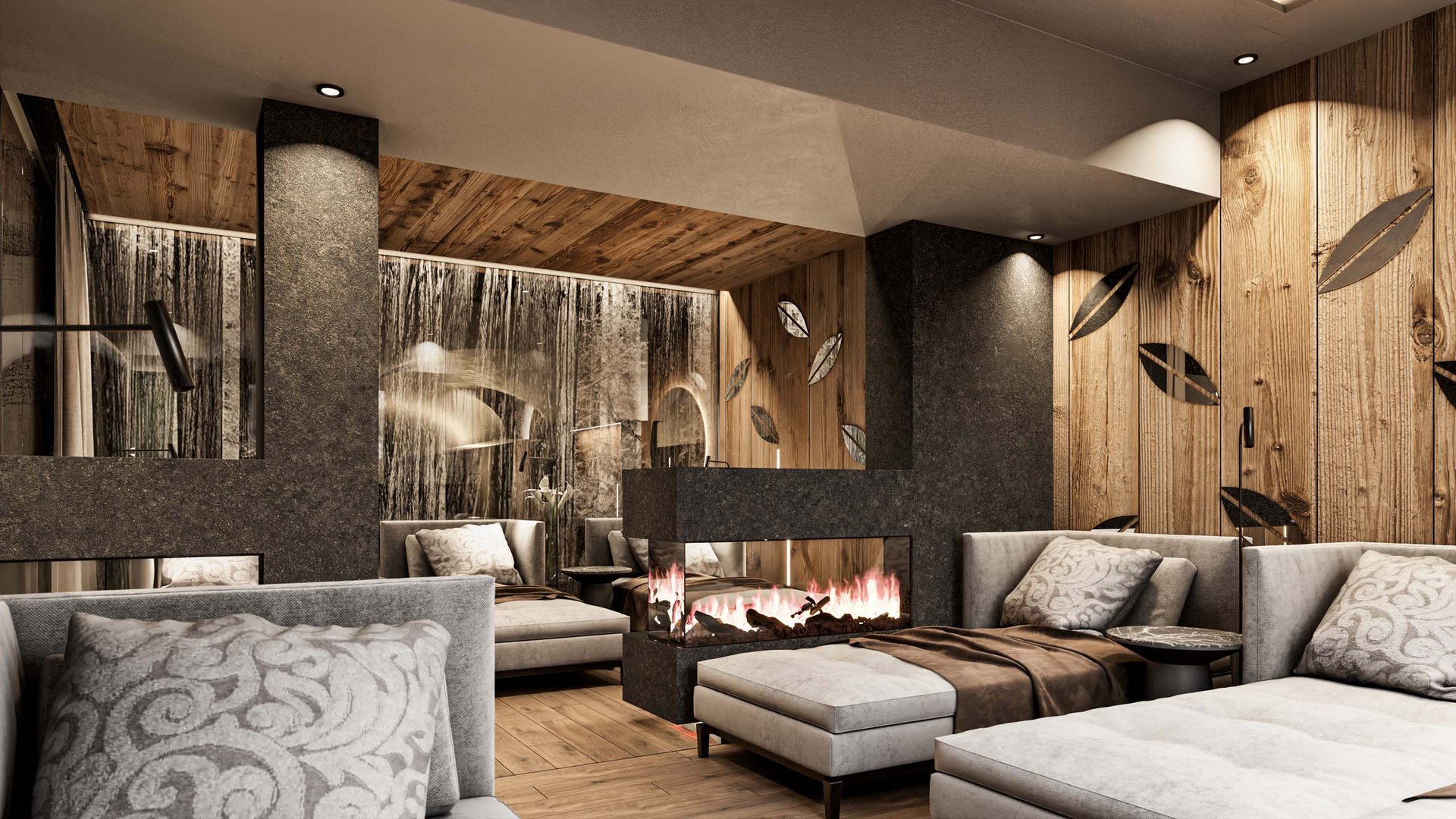 Modernes Wohnzimmer mit Kamin, Holzwand und gemütlichen Sesseln