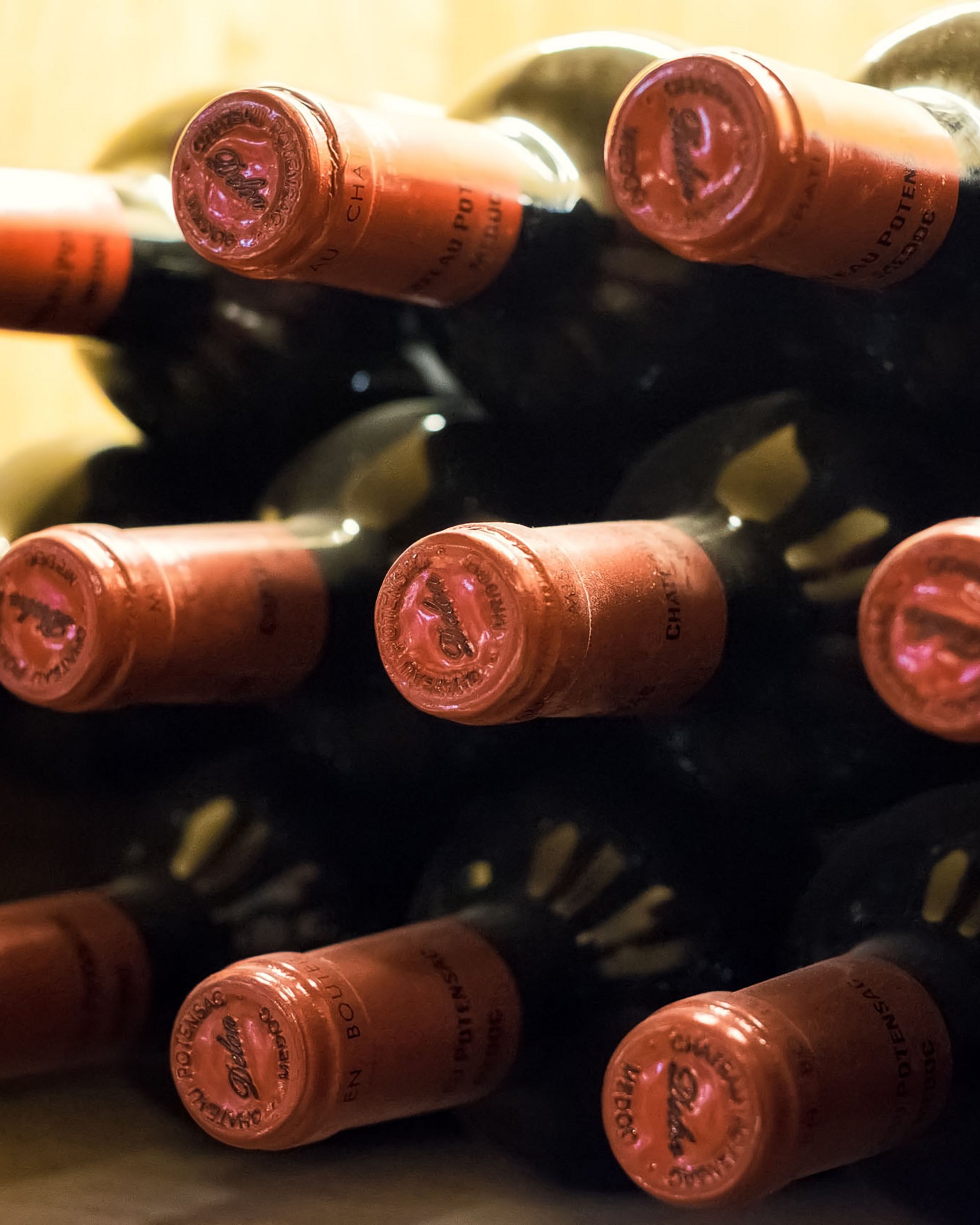 Several bottles with red caps stored in a wine cellar rack