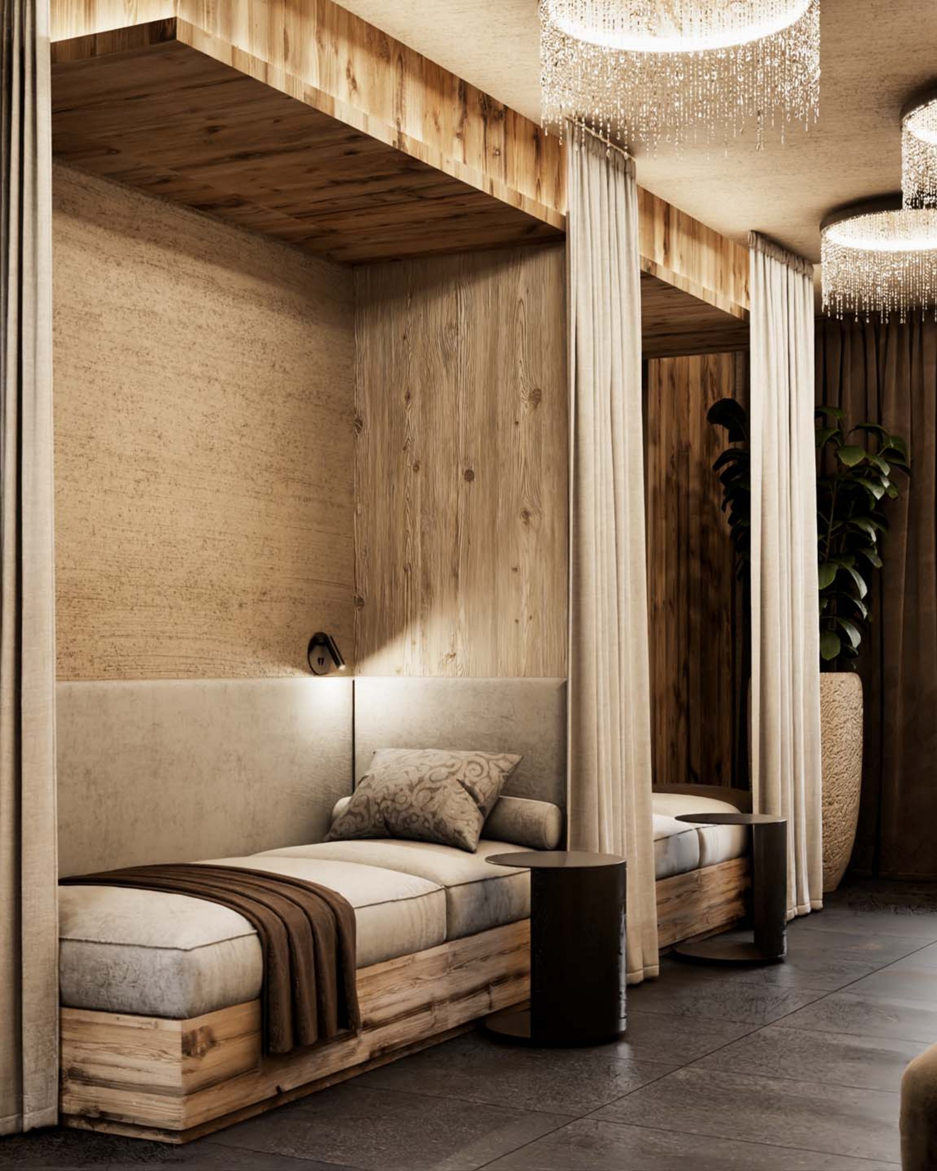 Cozy relaxation room with wood decor, plants, and soft lighting