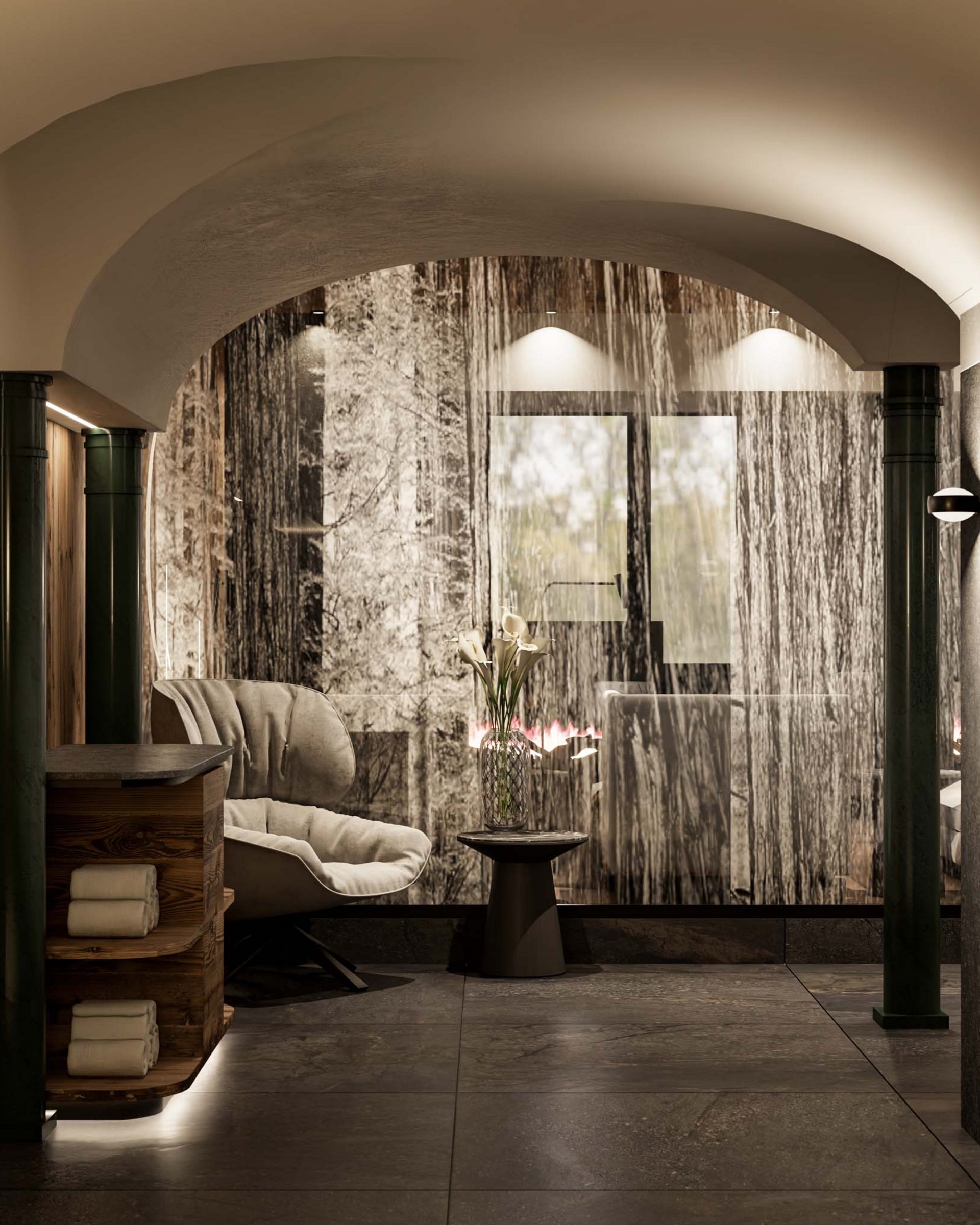 Modern waiting room with cozy chair and waterfall divider