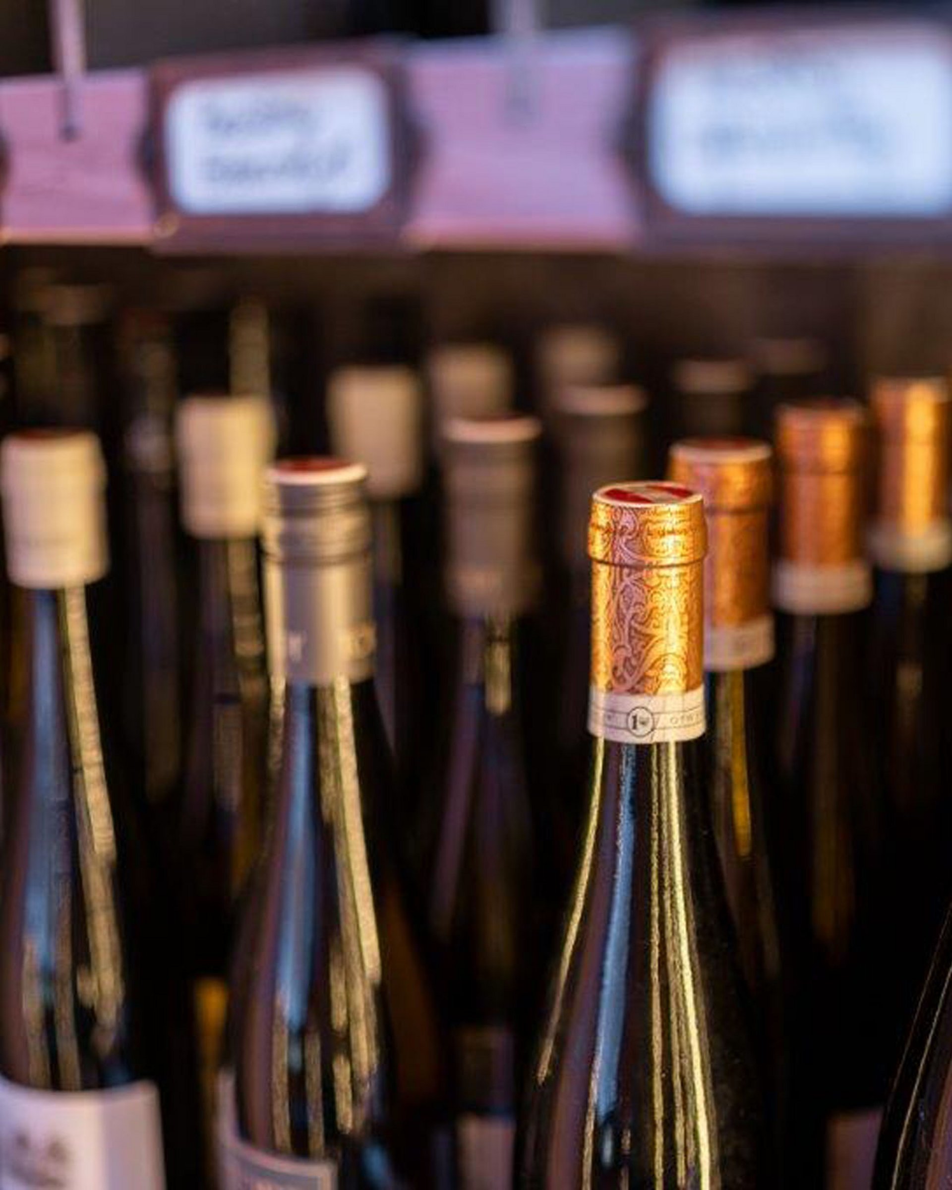 Several wine bottles with colorful caps on a shelf